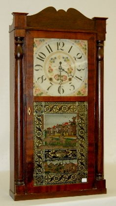 Jerome & Darrow Wood Works 1/2 Column Clock: Jerome & Darrow Wood Works 1/2 Column Clock: Has a painted and decorated face with Arabic numerals; the case has a scenic painted door; with the pendulum and 2 weights. Not tested. 33 1/2" Tall (There
