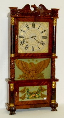 C&CL Ives Triple Decker Shelf Clock w/Brass Works: .C &C.L. Ives Triple Decker Shelf Clock w/Brass Works: Has a wood painted dial; in a carved case with an eagle, paw feet and carved columns; with eagle transfers on the center and lower glass; with pe