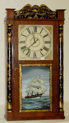 Boardman & Wells Wooden Works Shelf Clock: Boardman & Wells Wooden Works Shelf Clock: T&S wood & gilt dial; great paper label; lower tablet has been replaced and painted by W.L. Gable 1993; fabulous restoration; complete w/ weights. Not tested