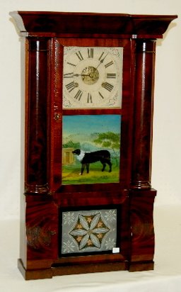 Birge & Peck Mahogany Triple Decker Shelf Clock: Birge & Peck Mahogany Triple Decker Shelf Clock: Wood dial with brass works; in a nice mahogany case with a good label; the center tablet has a dog on it; has the pendulum, key and weights. Not tested