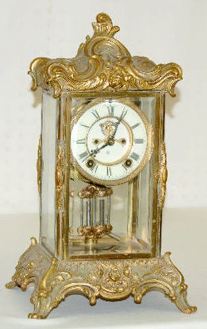 Ansonia Crystal Regulator Table Clock, "Zenith": Ansonia Crystal Regulator Table Clock, "Zenith": 8 day T & S with visible escapement; has a signed porcelain dial and beveled glass; with faux mercury pendulum and key. (The right winding peg is wound