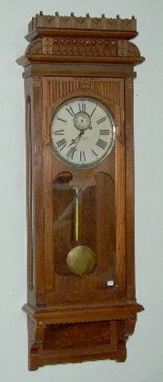 Gilbert #10 1 Weight Wall Regulator Clock: Gilbert #10 1 Weight Wall Regulator Clock: 8 day, weight driven, with a deadbeat movement with seconds bit; has a nice dial; great walnut case is carved with burl panels and glass sides, nickel trim;