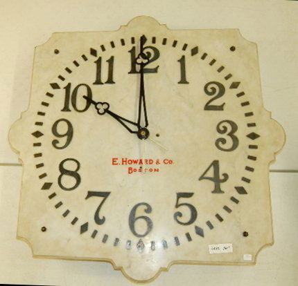 RARE! 30" E. Howard #20 Marble Hanging Clock: RARE! 30" E. Howard #20 Marble Hanging Clock: signed movement; brass and wood pendulum; old weight; 30" dial. Running at this time. 36" x 36" (There is a minor 1" chip at 10:00 corner on under side.)