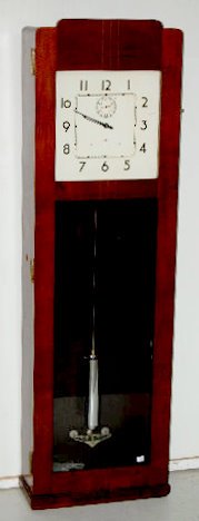 IBM Hanging Master Wall Clock: IBM Hanging Master Wall Clock: self winding, square metal painted dial with second hand, mahogany case, nickel cylinder pendulum with metal rod. Not tested. (No key.) 63" T **Please note, this item sh