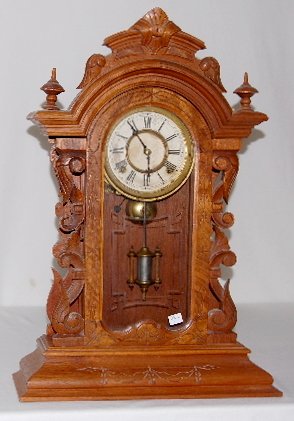 Victorian Walnut Parlor Clock, "George B. Owen": Victorian Walnut Parlor Clock, "George B. Owen": 8 day bell strike; with a painted metal dial; the dial pan is stamped Mar. 21 76; the movement is marked "Geo. B. Owen Winsted Conn."; in a walnut case