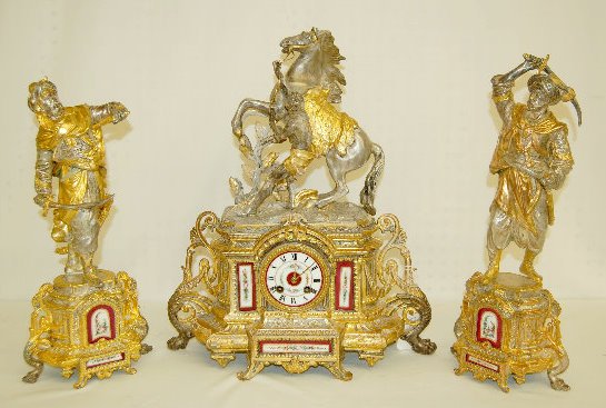 French A. D. Mougin Garniture Clock Set, 3 Piece