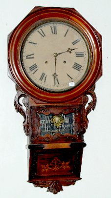 Anglo American Wall Clock, Carved & Inlaid Case: Anglo American Wall Clock, Carved & Inlaid Case: T & S with 1/2 hour slow strike; in a carved and inlaid case with a nice label inside; with the pendulum. Not tested. 32 1/2" Long (The dial has been r
