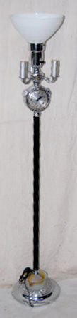 Electric Floor Lamp/Clock: Electric Floor Lamp/Clock: silvered metal dial with Arabic numerals; stem wind; unmarked. 3 arm lamp with a center bulb and shade. Onyx on the base. Clock and lamp work. 61" T **Please note, this item
