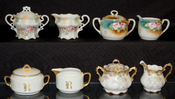 Limoges, KPM, Nippon & Germany Cream & Sugars: Limoges, KPM, Nippon & Germany Cream & Sugars: Limoges, France floral; KPM monogrammed with an "R", also marked Haviland & Co.; Hand Painted Nippon with rose decoration; Germany with rose decoration.