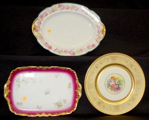 Limoges, Pickard and TV France Trays: Limoges, Pickard and TV France Trays: 1.) Platter, marked "D&G France L. Bernardaud & Co. Limoges"; pink and yellow around the edges. 2.) Plate, marked "H&G Selb Bavaria, Pickard"; decorated with a ro