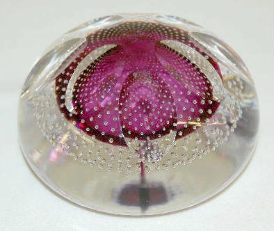 Val St. Lambert Art Glass Paperweight: Val St. Lambert Art Glass Paperweight: Clear with an amethyst center core and controlled bubbles all around; has a paper label on the side and bottom. 3 1/2" Diameter No condition problems.