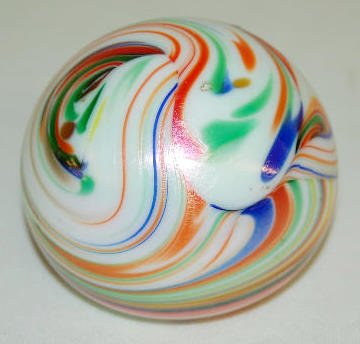 Signed Gibson 1977 Paperweight, Pearlized Swirls: Signed Gibson 1977 Paperweight, Pearlized Swirls: In colors of peach, white, green and blue; swirled in no particular pattern. 2 1/2" Diameter No condition problems.