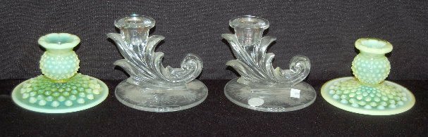 2 Pair Candleholders, Vaseline and Etched: 2 Pair Candleholders, Vaseline and Etched: 1.) Vaseline opalescent hobnail candleholders, possibly Fenton. 2.) Clear pattern glass candleholders, etched with a pattern on the base and with scroll leaf