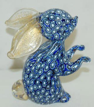 Murano Art Glass Rabbit Figurine: Murano Art Glass Rabbit Figurine: Blue with green and white canes; clear with gold ears and tail. 4" Tall No condition problems.