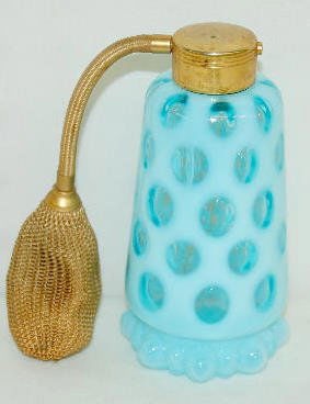 Fenton Blue Opalescent Coin Dot Perfume Bottle: Fenton Blue Opalescent Coin Dot Perfume Bottle, DeVilbiss?: The owner's note states it is DeVilbiss. With the atomizer. Not marked. 4 3/4" Tall (The atomizer is brittle.)