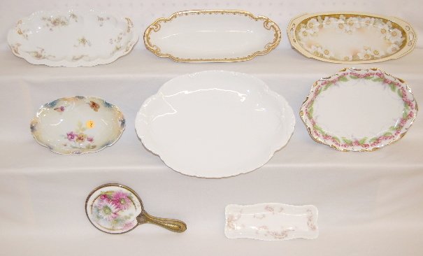 8 Floral Decorated China Items, Dishes and Mirror: 8 Floral Decorated China Items, Dishes and Mirror: 1.) 4 Floral Relishes, RS Germany; Haviland France; Theodore Haviland; H & C France, Haviland & Co. Limoges. 2.) Oval Pansy floral bowl; unmarked. 3.