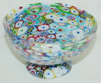 Murano Millifiori Cut Cane Pedestal Bowl: Murano Millifiori Cut Cane Pedestal Bowl: In muted colors of white, red, blue, green, yellow and clear; with paper label; glossy inside and out. 2 1/2" x 4 1/4" No condition problems.