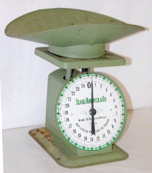 Sears, Roebuck & Co. 25 Pound Tin Scale: Sears, Roebuck & Co. 25 Pound Tin Scale: It has a painted tin litho dial and a green painted case decorated with decals on the scale platform; with the original pan. It looks to be all original. 11 5/