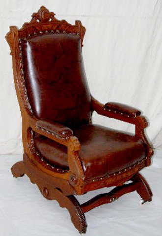 Victorian Walnut Platform Rocking Chair, Leather - Victorian Walnut Platform Rocking Chair, Leather