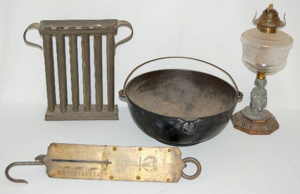 Primitives, Lamp. Mold, Scale & Cast Iron Kettle: Primitives, Lamp. Mold, Scale & Cast Iron Kettle: 1.) Civil War era figural stem kerosene lamp - the stem is of a child with a dog, the font has an arch and torch pattern, the burner is from P. & A. a