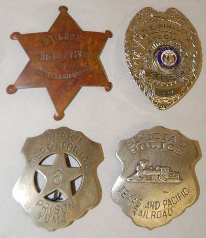 4 Officer Badges, Railroad and Others: 4 Officer Badges, Railroad and Others: 1.) Copper 6 point star stamped "Railroad Detective Denver & Rio Grande". 2.) Silver metal with a train engine and stamped "Special Police Texas and Pacific Rail