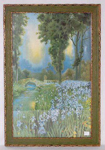 R.A. Fox Print, "Nature's Charmes": R.A. Fox Print, "Nature's Charmes": Shows a field of purple Irises with a brook, a stone bridge and trees nearby; marked "John Drescher Co. Inc. N.Y."; the back is tagged "Nature's Charms"; signed "R.