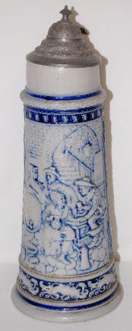 German Stoneware 2 1/2 Liter Stein, Drinking: German Stoneware 2 1/2 Liter Stein, Drinking: Marked Germany and Simon Peter Gerz #1195; relief molded scene in olive and grey of a drinking scene in a cellar; there are also 2 verse panels; comes wit