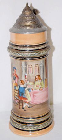 German Pottery 1 1/2 L Stein, Family Dining: German Pottery 1 1/2 Liter Stein, Family Dining: Marked Simon Peter Gerz #989; shows a transfer scene of 3 people dining; has a pewter lid. 13 1/2" Tall There are no condition problems.