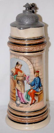 German Pottery 2 Liter Pitcher/Stein, Drinking: German Pottery 2 Liter Pitcher/Stein, Drinking: Marked Germany and Simon Peter Gerz #989; has a transfer scene of 2 men drinking ale; with a pewter lid. 14" Tall There are no condition problems.