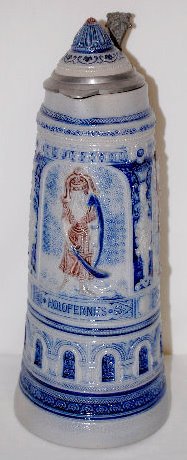 German Stoneware 2 L Stein/Pitcher, 3 Warriors: German Stoneware 2 Liter Stein/Pitcher, 3 Warriors: Marked Simon Peter Gerz #843; relief molded scene with 3 warriors - Saul, Holofernes and Sanherib; also has arches and lady figures; blue and grey i