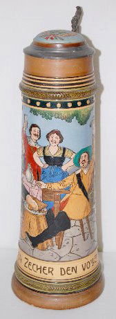 German Pottery 2 1/2 Liter Tavern Scene Stein: German Pottery 2 1/2 L Tavern Scene Stein: Marked Germany and numbered 1640; there is an intaglio cut scene of 3 men at a table with a barmaid, a ham on another table and a dog watching from the side.