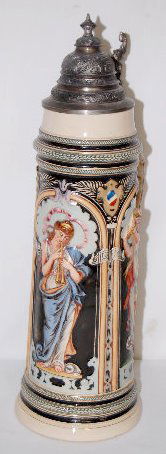 Germany Pottery 2 Liter Three Graces Stein: Germany Pottery 2L Three Graces Stein: Marked Germany with triangle (Simon Peter Gertz), numbered 377 and marked with a small bow and arrow. There are 3 relief molded panels of 3 ladies - 1 dancing, 1