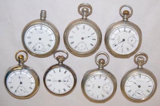 7 Waltham OF Pocket Watches, 1 Fine Silver Case: 7 Waltham OF Pocket Watches, 1 Fine Silver Case: 1.) No. 2632364, PS Bartlett, Full. 2.) No. 5810209, Full. 3.) No. 3890749, Full. 4.) No. 5937665, Full. 5.) No. 3176570, Full. 6.) PS Bartlett, No. 17