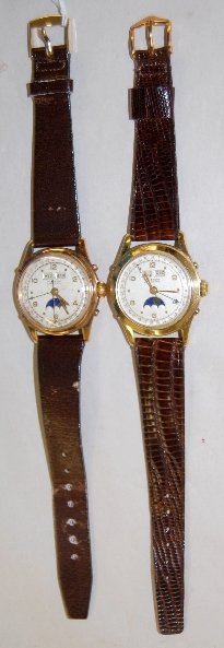 2 Praesent Wrist Watches w/Moon Phase, Day +: 2 Praesent Wrist Watches w/Moon Phase, Day +: Also has the month; Eeromatic is also on the dial along with calendar days around the dial. Both are running at this time. Both sell as is, where is.