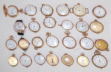 26 - 0 Size & Smaller Watches, Pocket, Wrist +: 26 - 0 Size & Smaller Watches, Pocket, Wrist +: there are 19 Waltham, 4 Hamilton, and 3 Illinois; most are complete; gold filled. Not tested. All sell as is, where is.