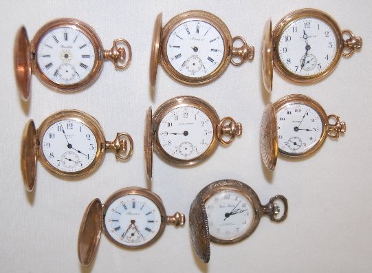 8 Hunting Case Pocket Watches, About 0S: 8 Hunting Case Pocket Watches, About 0S: Serial numbers are 1.) Ideal, 857936. 2.) Rondale, No SN. 3.) Admiral, No SN. 4.) South Bend 100, 697291. 5.) Burns & Gosner, 2099780. 6.) Medora, No SN. 7.) R