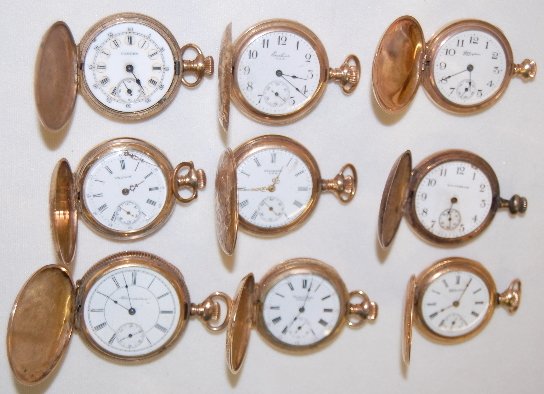9 Hunting Case Pocket Watches, Swiss & U.S.A.: 9 Hunting Case Pocket Watches, Swiss & U.S.A.: Names and serial numbers are 1.) Hampden, 181005. 2.) Hampden Molly Stark, 3019483. 3.) Hampden Molly Stark, 1244384. 4.) U.S. Watch, 766881. 5.) Standar