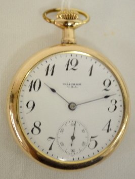 AWW Co 17J 16S OF LS 3/4 DMK Pocket Watch: AWW Co 17J 16S OF LS 3/4 DMK Pocket Watch: Serial No. 22013169 with a good DSD. In a yellow SF&B Patriotic GF 20 Year Dueber case No. 9773411. On the back there is a large American eagle with olive br