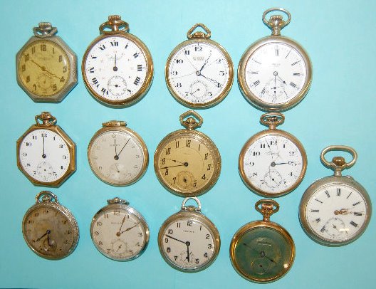 13 Antique Pocket Watches, 12 & 14 Size: 13 Antique Pocket Watches, 12 & 14 Size: 1 each of Resulta, Darius, Recta, Roamer, Bedford, Adonis, Bulova, Buren, Novoris, No Name and 2 Admiral. Running condition not known. All sell as is where is.
