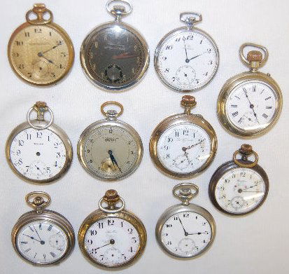 11 Antique Pocket Watches, 14-16 Size: 11 Antique Pocket Watches, 14-16 Size: one each of Vigilante, New Era, Edmas, Bucherer, Equity, Corona, Silsena and 4 No Name. Not tested. All sell as is, where is.