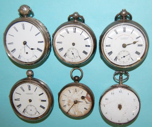 6 English Fusee Pocket Watch Movements: 6 English Fusee Pocket Watch Movements in sterling silver cases. Working condition is not known; some parts are missing. All sell as is, where is.
