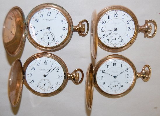 4 Illinois HC Pocket Watches, Personalized: 4 Illinois HC Pocket Watches, Personalized: All are 16 Size. 1.) No. 1639287; 17J; for Rowe Bros. Chicago; Running. 2.) No. 211889; 17J; for Hunter Jewelry Co. Cleveland, O.; Running. 3.) No. 1617779;