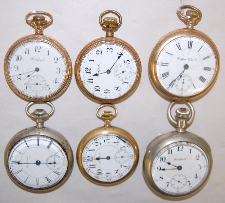 6 Rockford Open Face Pocket Watches: 6 Rockford Open Face Pocket Watches: Serial numbers are 1.) 17J, 911248. 2.) 17J, 3 Finger bridge, 603209. 3.) 17J, Full, 766107. 4.) 427196. 5.) 15J, 679858. 6.) 15J, 3 Finger Bridge, 885810. Complet