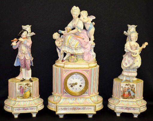 Vincenti Garniture Clock Set, People & Cherubs: Vincenti Garniture Clock Set, People & Cherubs: With 1/2 hour bell strike movement, No. 4047, H&F Paris and a porcelain dial. This set is made of high quality porcelain and has been hand painted. The 