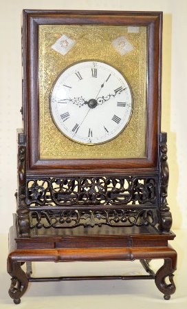 Antique Chinese Double Fusee Clock and Shelf: Antique Chinese Double Fusee Clock and Shelf: The back plate has an 8 character mark on it - engraved in 3 lines with a border. There are 2 bells, of different sizes, each with its' own hammer. They b