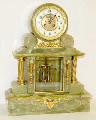 Marti 1900 Green Onyx Mantel Clock: Marti 1900 Green Onyx Mantel Clock: The bell striking movement is No. 808 and it supports a 2 tube, live mercury pendulum. The dial has visible escapement. The onyx case has an applied bronze or brass
