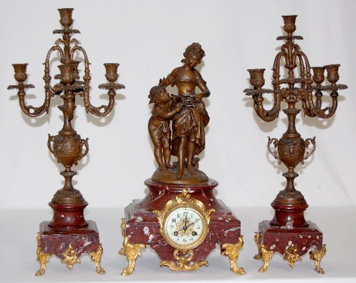 Vincenti & Cie 1855 3 Piece Clock Set: Vincenti & Cie 1855 3 Piece Clock Set: The bell striking movement is No. 5440. "NORA" is on the enamel dial. There is another non-legible name below the center decoration. August Moreau designed the f