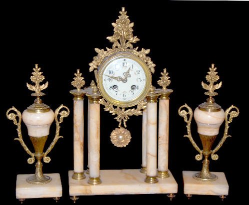3 Piece Marble Clock Garniture Set: 3 Piece Marble Clock Garniture Set: The bell striking movement is marked - "SOCIETE CLUSIENNE S.C.A.P.H. CLUSES", "No. 39101" & 185 M/M. The dial is floral painted with pierced hands. The case has 6 c