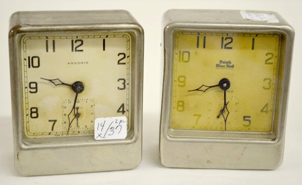 2 Ansonia "Square Clox" Alarm Clocks: 2 Ansonia "Square Clox" Alarm Clocks: These are the Square Pirate Models with 30 hour Time on one winding and continuous alarm. One clock has "Drink Blue Bird" on the dial. Both clocks are running at