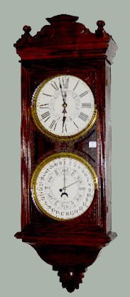 New Haven "Register" Variant Calendar Clock: New Haven "Register" Variant Calendar Clock: With a TO movement; Jerome & Co. paper dials and the pendulum. The "Register" in the book has a rounded bottom finial - this one has a leaf bottom finial. 